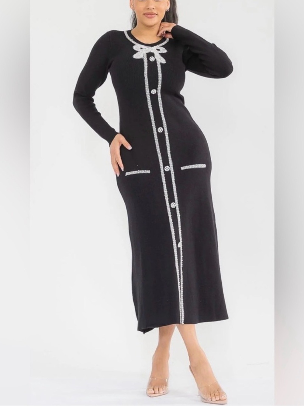 NWT Black Knit Button-Front Bow Maxi Dress